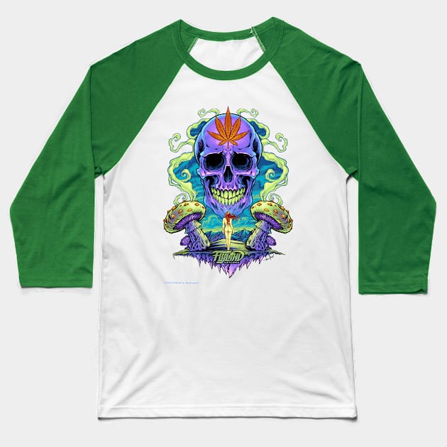 Purple Cannabis Skull with Mushrooms Baseball T-Shirt by FlylandDesigns